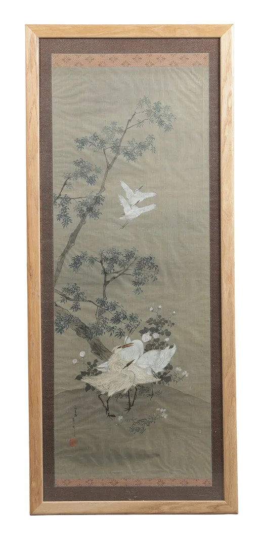 A JAPANESE MEIJI PERIOD (1868-1912) SILKWORK AND PAINTED PICTURES OF CRANES. — Scrolls — Bishop & Miller
