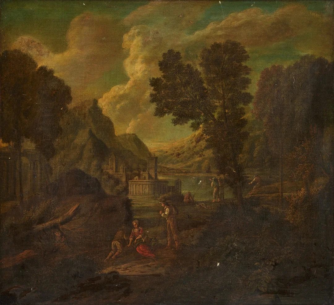 DIRK DALENS (DORDRECHT 1600-1676 ZIERIKZÉE). tillskriven, Landskap med stadsvy i bakgrunden och vandrande sällskap. — Paintings — Stockholms Auktionsverk Magasin 5