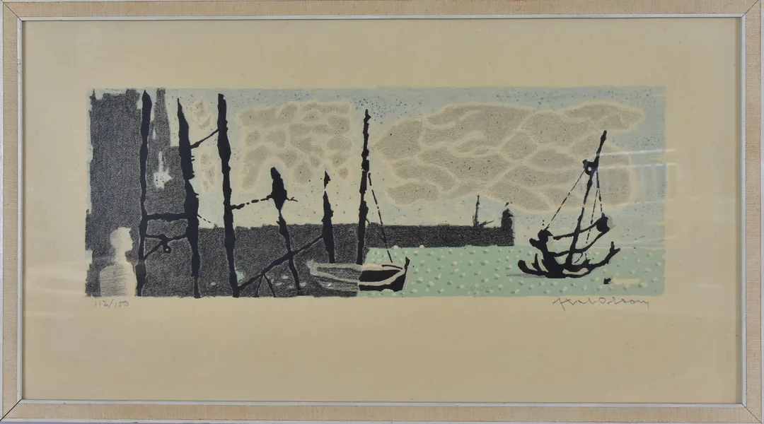 AXEL OLSON. färglitografi, Grötviks hamn. — Engravings & Prints — Halmstads Auktionskammare