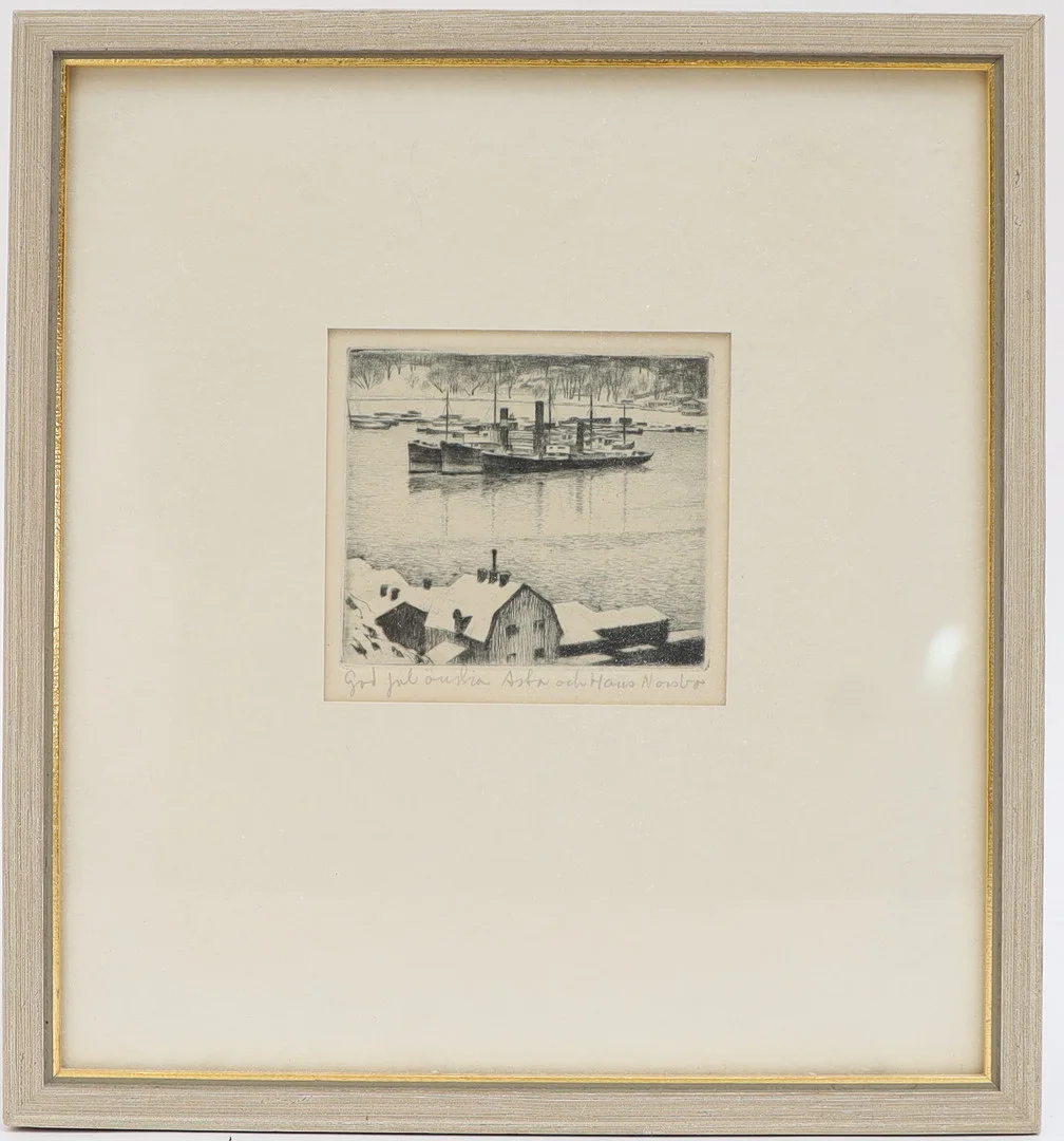 HANS NORSBO. Hamnbild med båtar, etsning, signerad med dedikation. — Engravings & Prints — Falun Auktionsbyrå