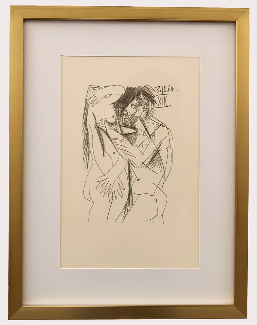 PABLO PICASSO. Efter, litografi , erotiskt motiv märkt 8.10.64 XIII, ur "LE GOUT DU BONHEUR" , Schünemann år 1970. Nr 403. — Engravings & Prints — Limhamns Auktionsbyrå