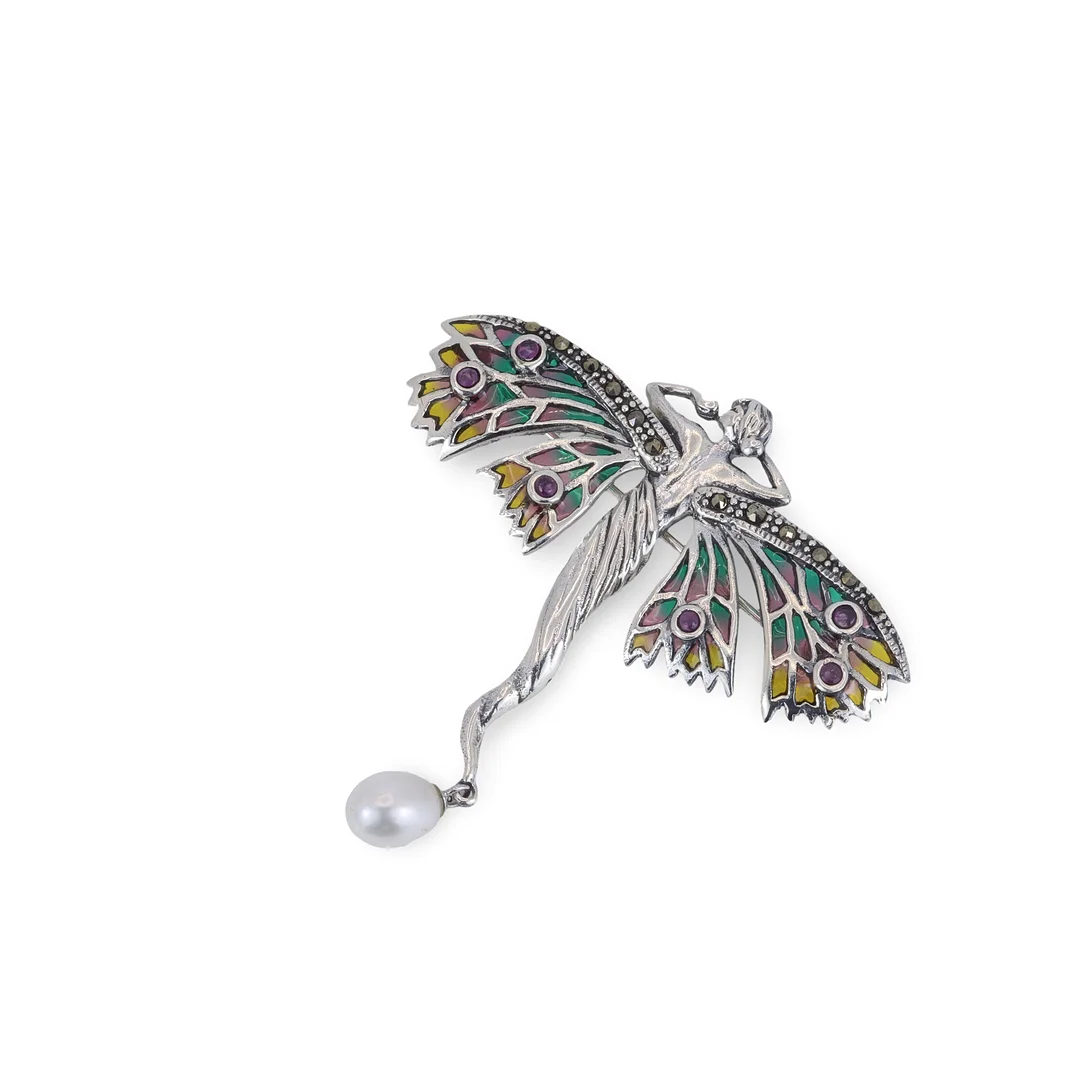 925 SILVER ENAMELLED PEARL AND RUBY BROOCH. — Brooches & Pendants — Chalkwell Auctions
