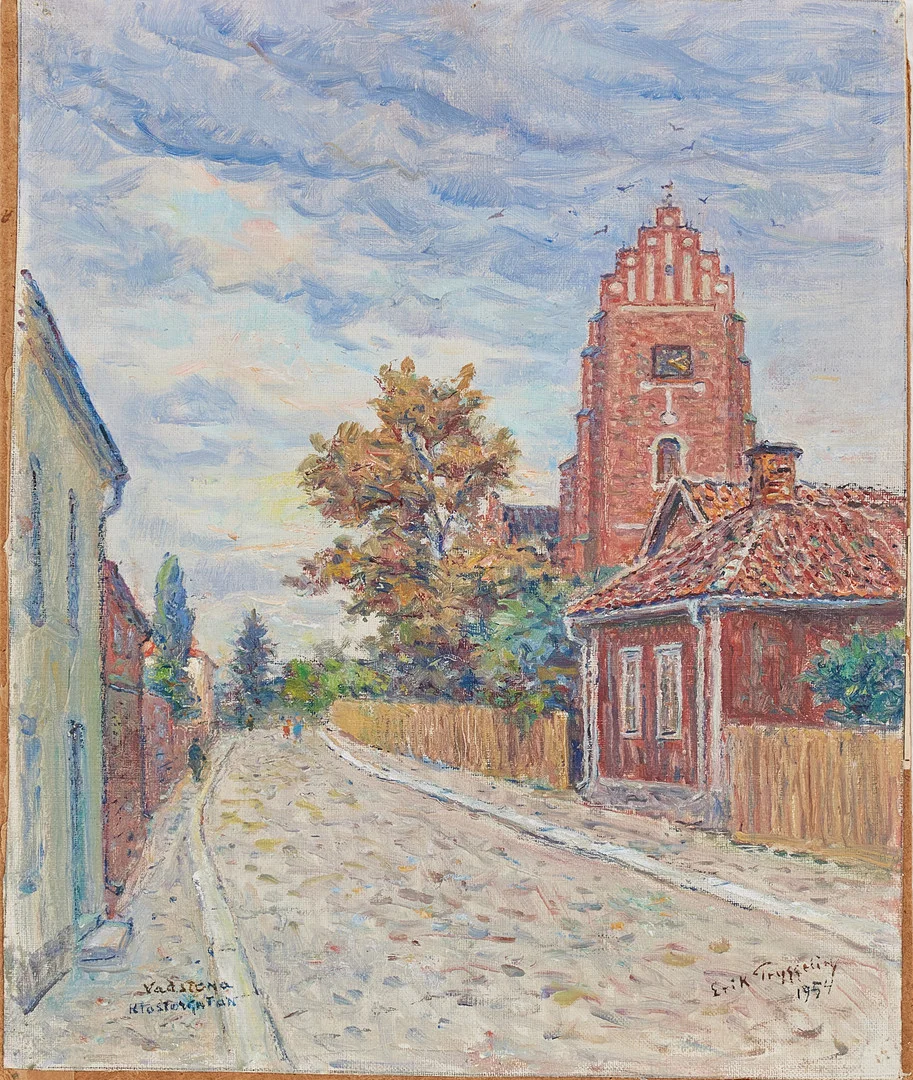 ERIK TRYGGELIN. ''Vadstena, klostergatan'', olja på duk fäst på pannå, signerad och daterad 1954. — Paintings — Stockholms Auktionsverk Magasin 5