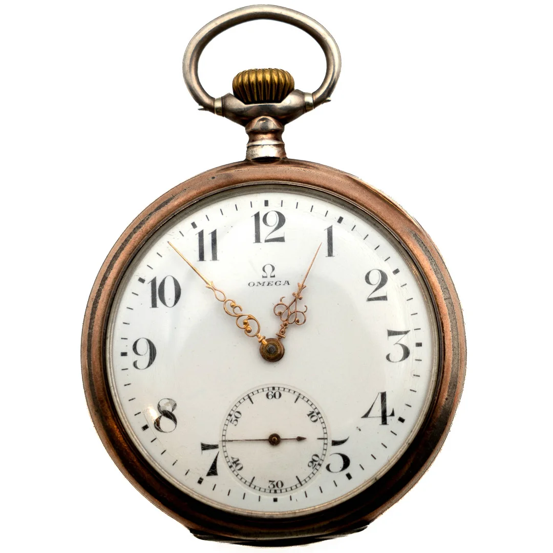 Fickur Omega, boett i 0.800 silver. — Pocket & Stop Watches — Norrlands Auktionsverk