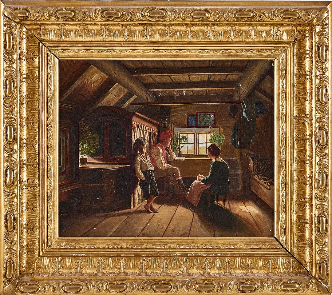 OIDENTIFIERAD KONSTNÄR. Allmogeinteriör, olja på duk, efter Bengt Norenberg, osignerad. — Paintings — Stockholms Auktionsverk Magasin 5