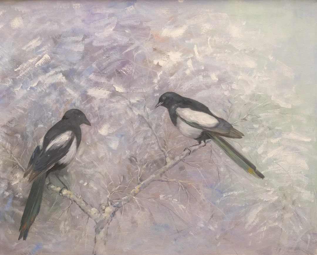 PÄR ÅKERED. SKATOR I VINTERTRÄD, OLJA PÅ DUK. — Paintings — Björnssons Auktionskammare