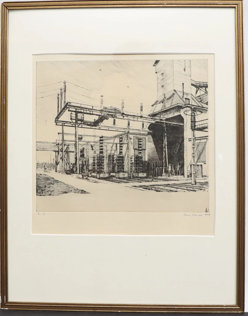 HANS NORSBO. Motiv med fabrik, etsning, signerad och daterad 1948. — Engravings & Prints — Falun Auktionsbyrå