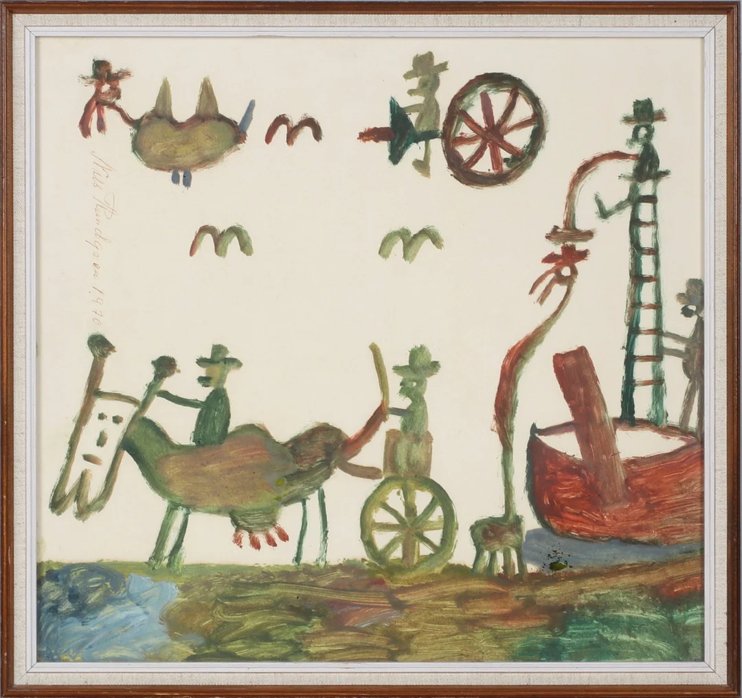 NILS "BJÖRNJÄGARN" RUNDGREN. Figurkomposition, blandteknik på papp, signerad och daterad 1970. — Paintings — Stadsauktion Sundsvall
