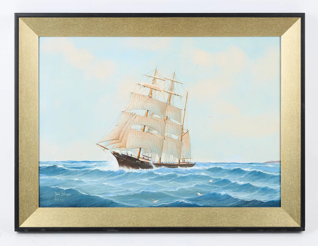 JARMO SILLANPÄÄ. SKEPPSPORTRÄTT, "Sigyn", signerad, olja på duk, uppfodrad på pannå. — Paintings — Stockholms Auktionsverk Helsinki