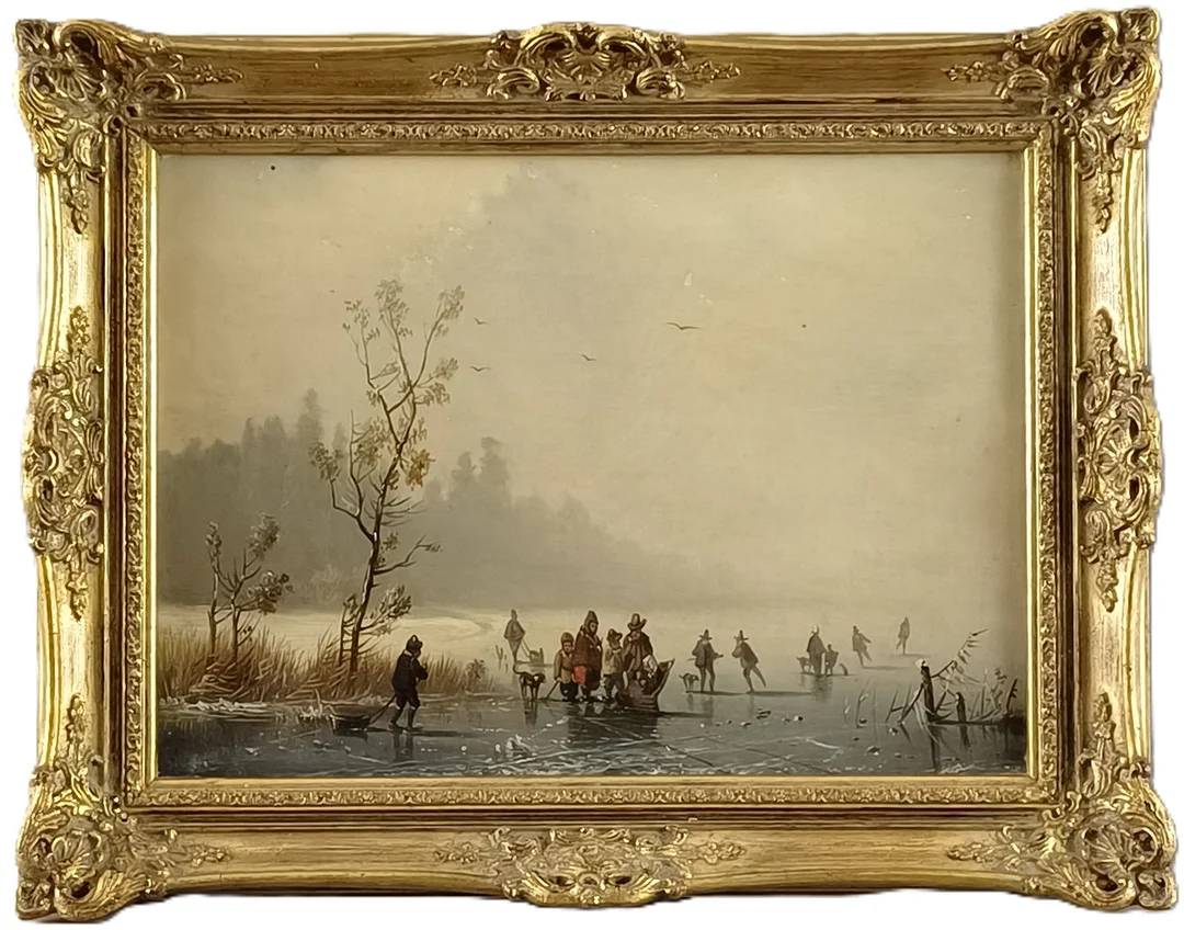 STADEMANN, ADOLF. IM STIL VON. Winterliches Eisvergnügen auf zugefrorenem Flusslauf, Öl auf Leinwand. — Paintings — Auktionshaus Blank