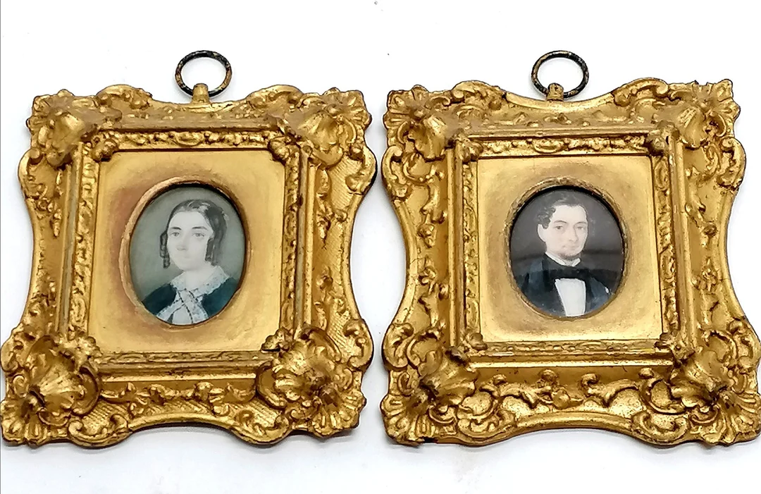 ANTIQUE PAIR GILT FRAMED PORTRAIT MINIATURES. — Paintings — Acreman St Auctioneers & Valuers