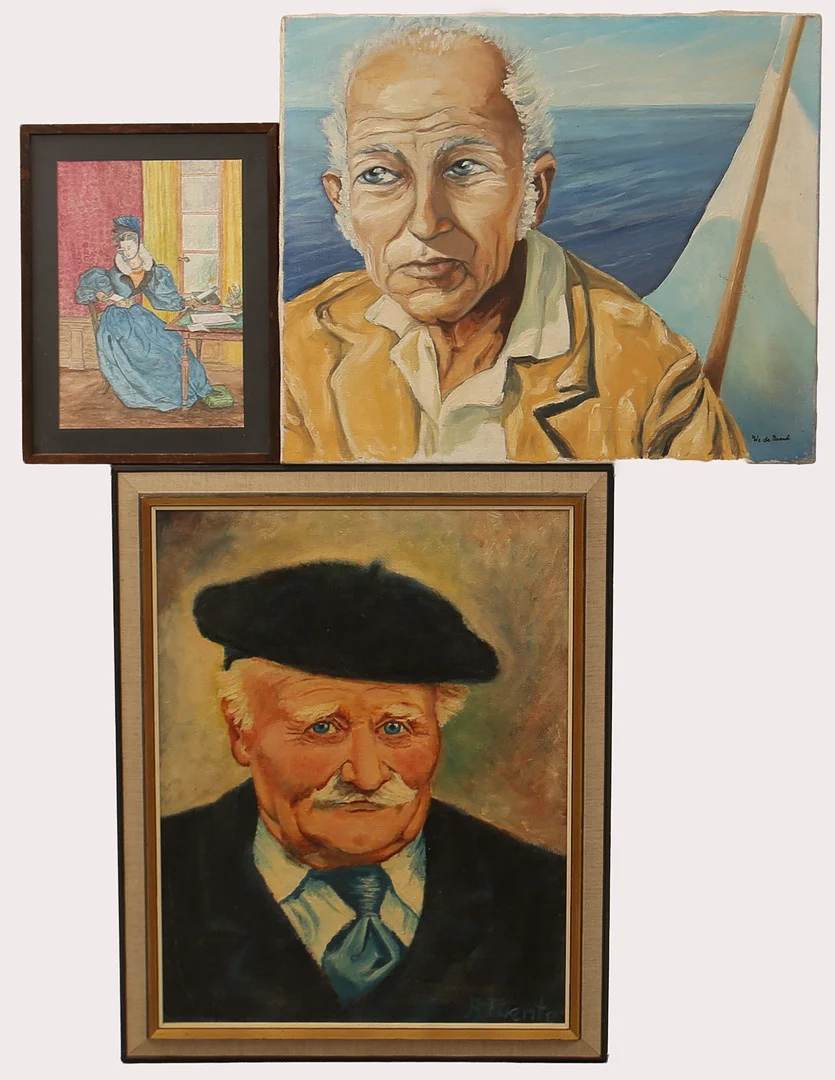 OIDENTIFIERAD KONSTNÄR. Olja på duk och akvarell, diverse porträtt, signerade, We De Brand,3st. — Paintings — Limhamns Auktionsbyrå