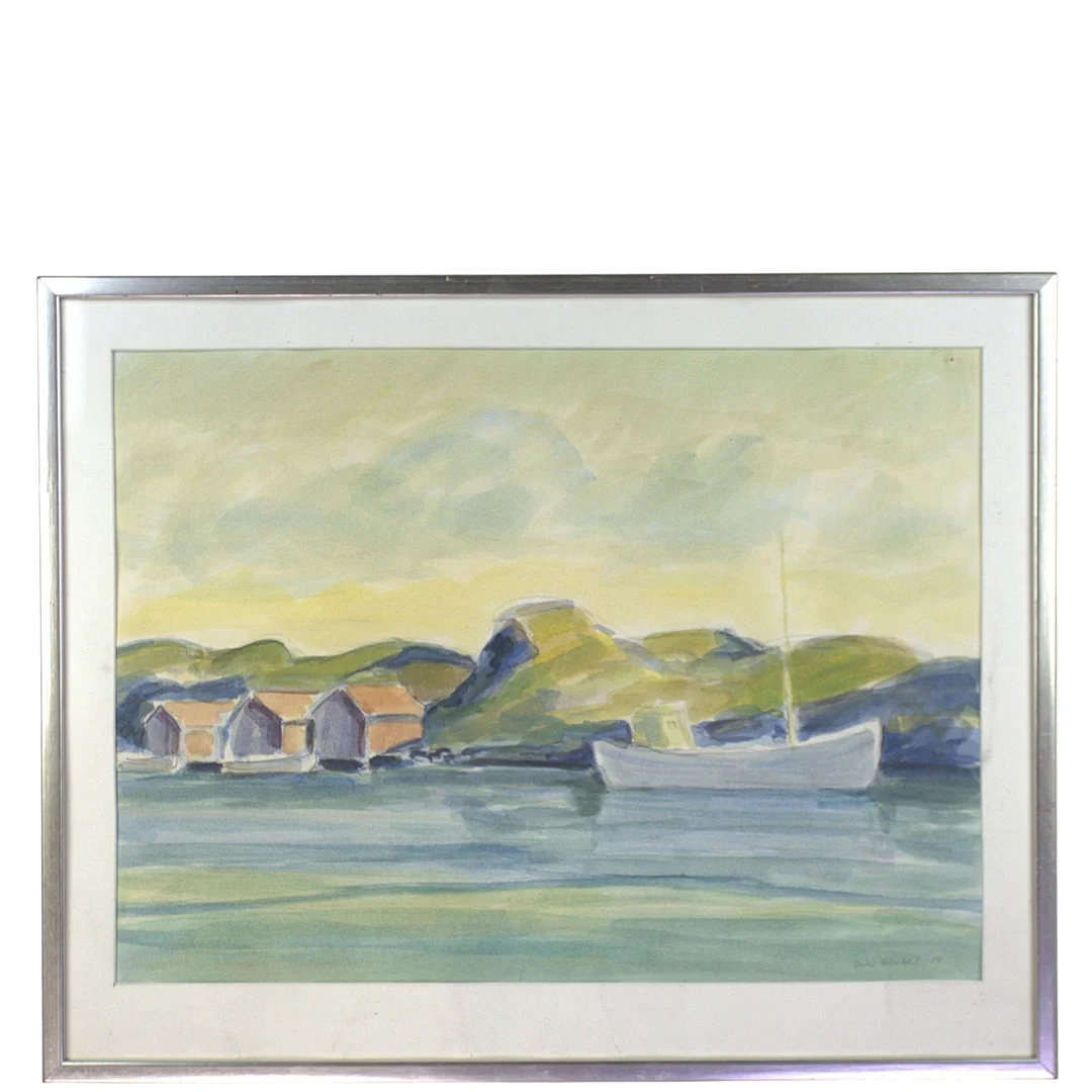 BERTIL LILJEBLAD. Blandteknik på papper, strandbild med hus och båt, signerad. — Paintings — Höganäs Auktionsverk