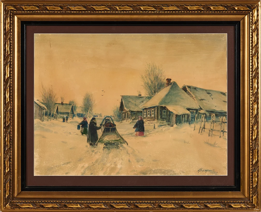 MIKHAIL ABRAMOVICH BALUNIN, Ryssland, 1800-tal, vinterlandskap med bygata. Akvarell, signerad. — Paintings — Stockholms Auktionsverk Magasin 5