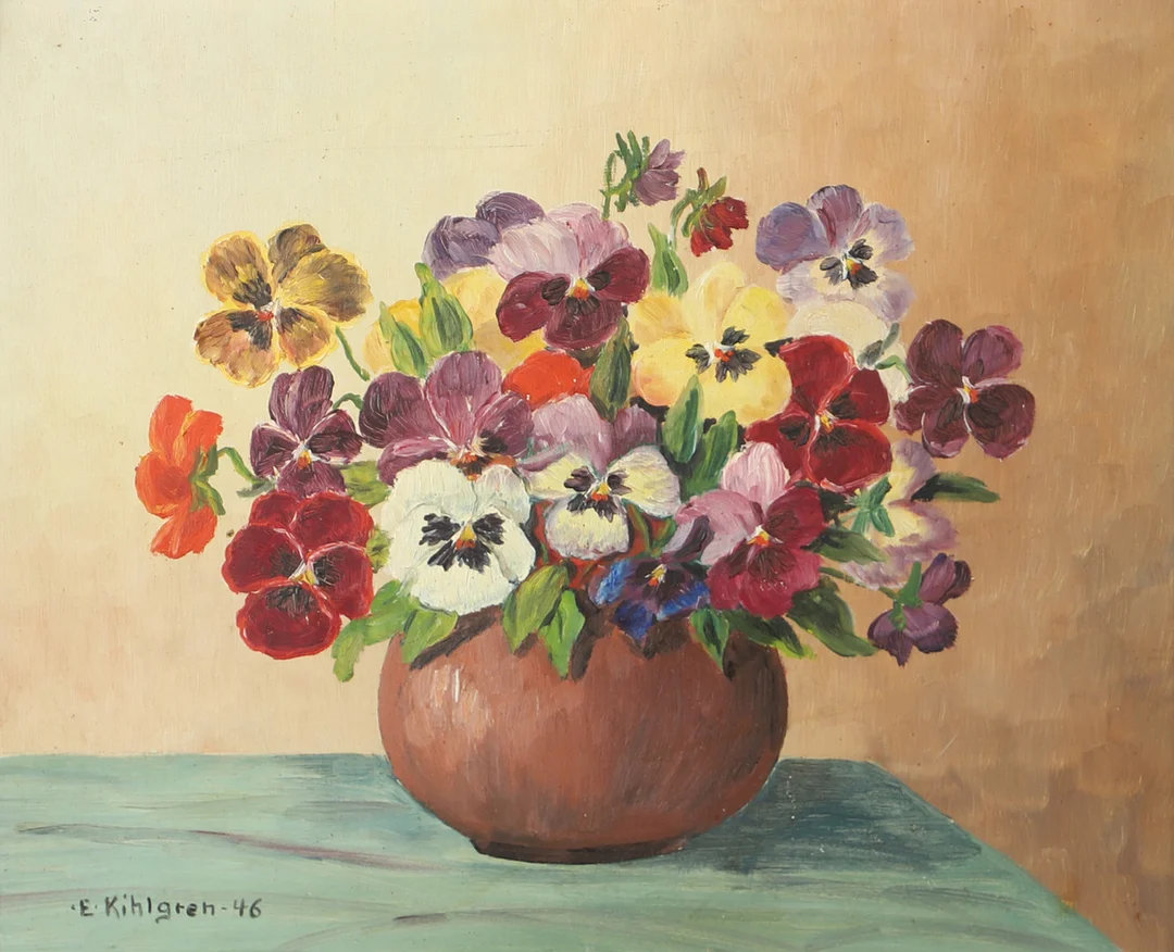 OIDENTIFIERAD KONSTNÄR. Blomsterstilleben, olja på pannå, signerad E. Kihlberg -46. — Paintings — Helsingborgs Auktionskammare