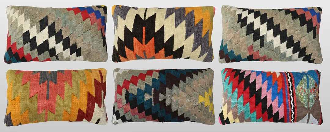 ORIENTMATTA. Parti kuddfodral 6st, anatoliska Kelim fragment, 50 x 30 cm. — Oriental Carpets & Textiles — Gomér & Andersson Linköping