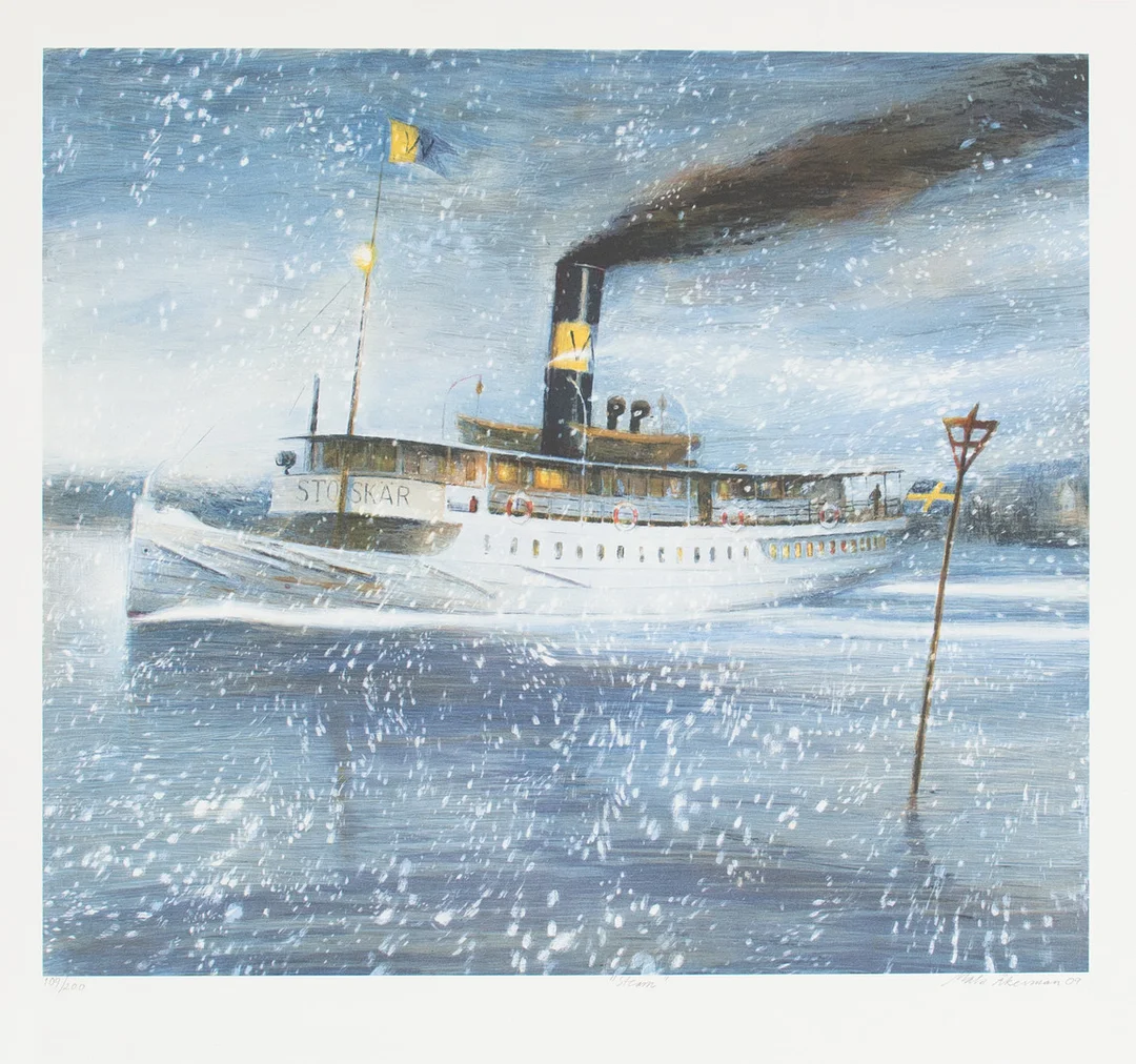MATS ÅKERMAN. Färglitografi, "Steam", signerad och numrerad. — Engravings & Prints — Laholms Auktionskammare