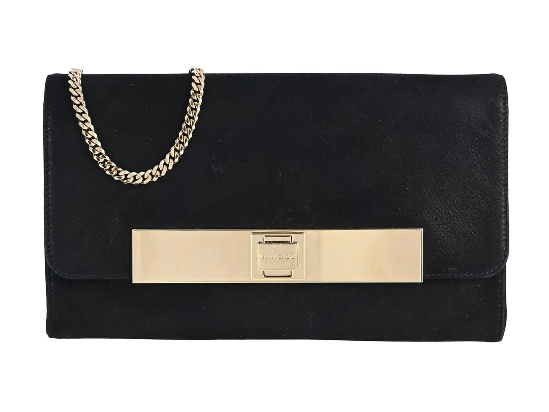 VÄSKA, JIMMY CHOO, svart glittrig mocka, guldfärgade beslag, 26x16x3 cm, avtagbar axelrem, dustbag. — Accessoarer/Väskor — Kaplans