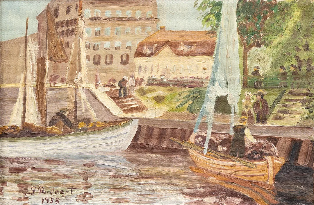 OIDENTIFIERAD KONSTNÄR. Hamnmotiv, olja på duk, signerad G Rudnert och daterad 1938. — Paintings — Garpenhus Auktioner