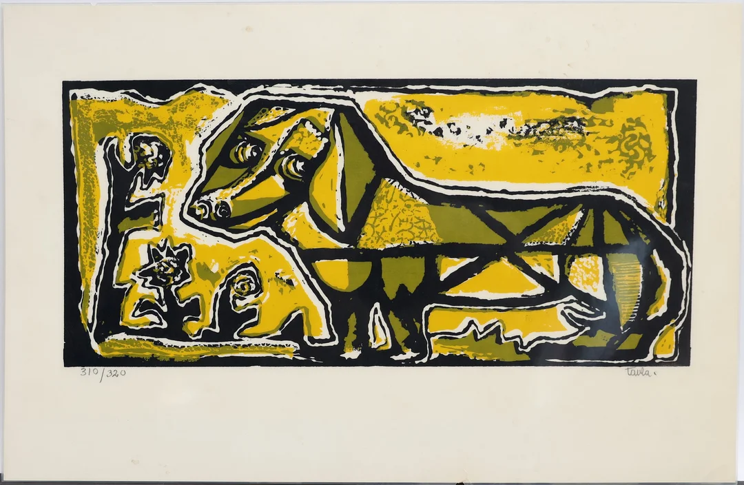 OIDENTIFIERAD KONSTNÄR. Motiv med hund, färglitografi, signerad taula och numrerad, laminerad. — Engravings & Prints — Falun Auktionsbyrå