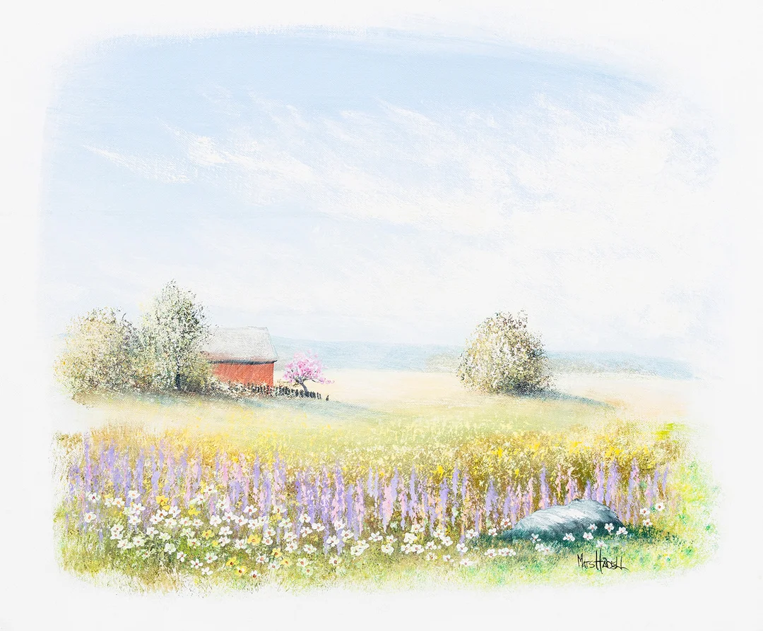 MATS HÅDELL (1958-2021). Sommaräng med hus, olja på duk, signerad. — Paintings — Auktionshuset Kolonn