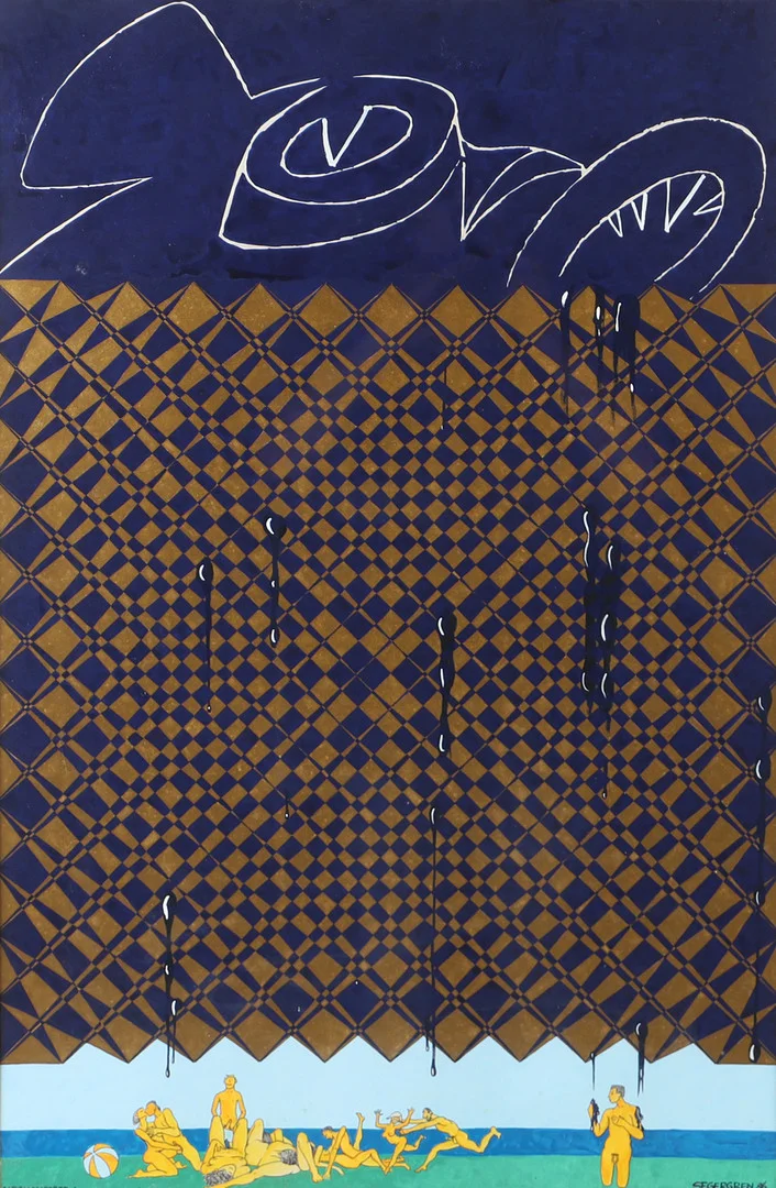 GÖRAN SEGERGREN. "Aidsmonstret", blandteknik, signerad Segergren -86. — Paintings — Helsingborgs Auktionskammare