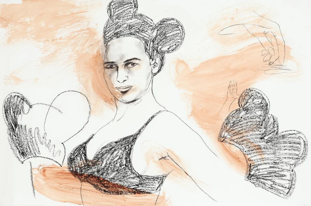 Self portrait. Signed Berit Jensen 92. Mixed media on paper. Sheet size 73×110 cm. Unframed. — Modern Paintings/Modern art — Bruun Rasmussen