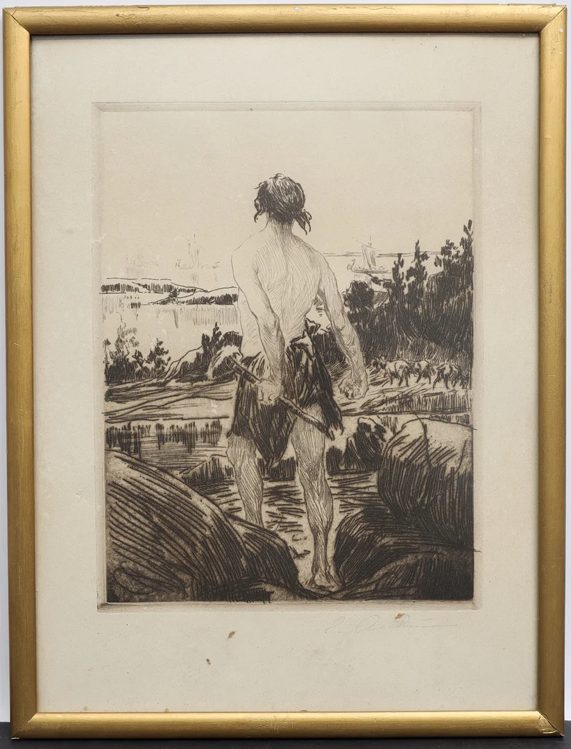 CALEB ALTHIN. Landskap med man, etsning, signerad. — Engravings & Prints — Falun Auktionsbyrå