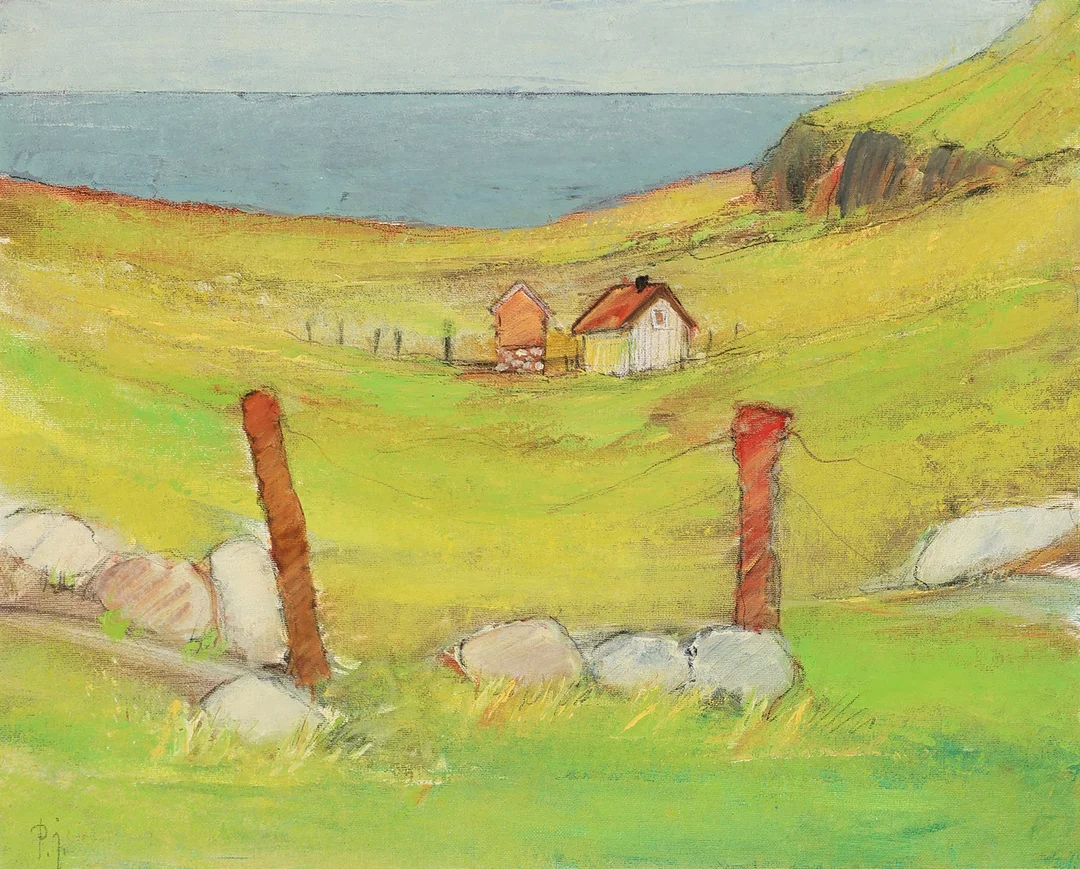 POUL JOHANSEN (F. 1936, D. 2014, ). “De grønne øer”. olie på masonit. 1987 Danmark. — Paintings — Palsgaard Kunstauktioner