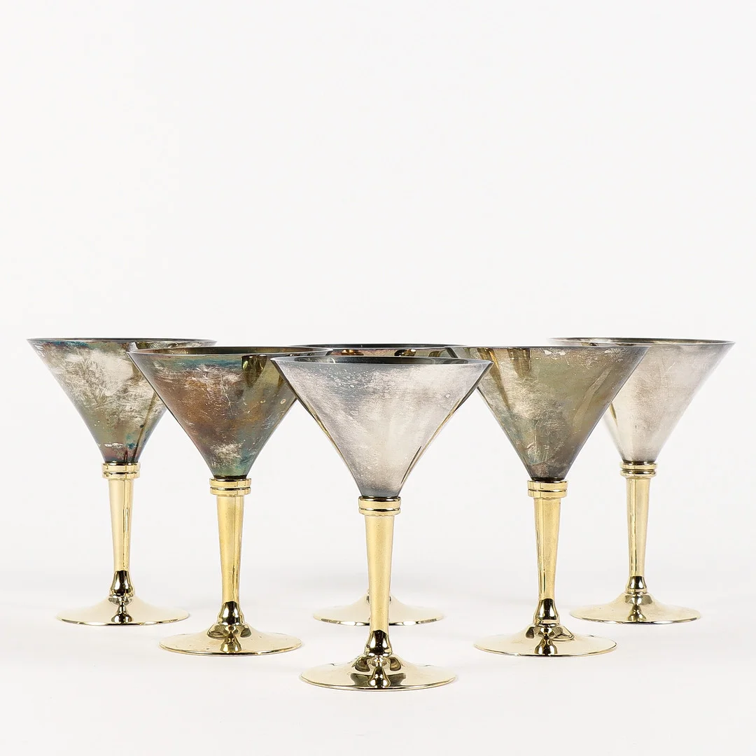 GUNNAR LINDAHL. 6 Cocktailbägare, försilvrade, Scandia Present. — Pewter, Brass & Copper — Karlstad Hammarö Auktionsverk