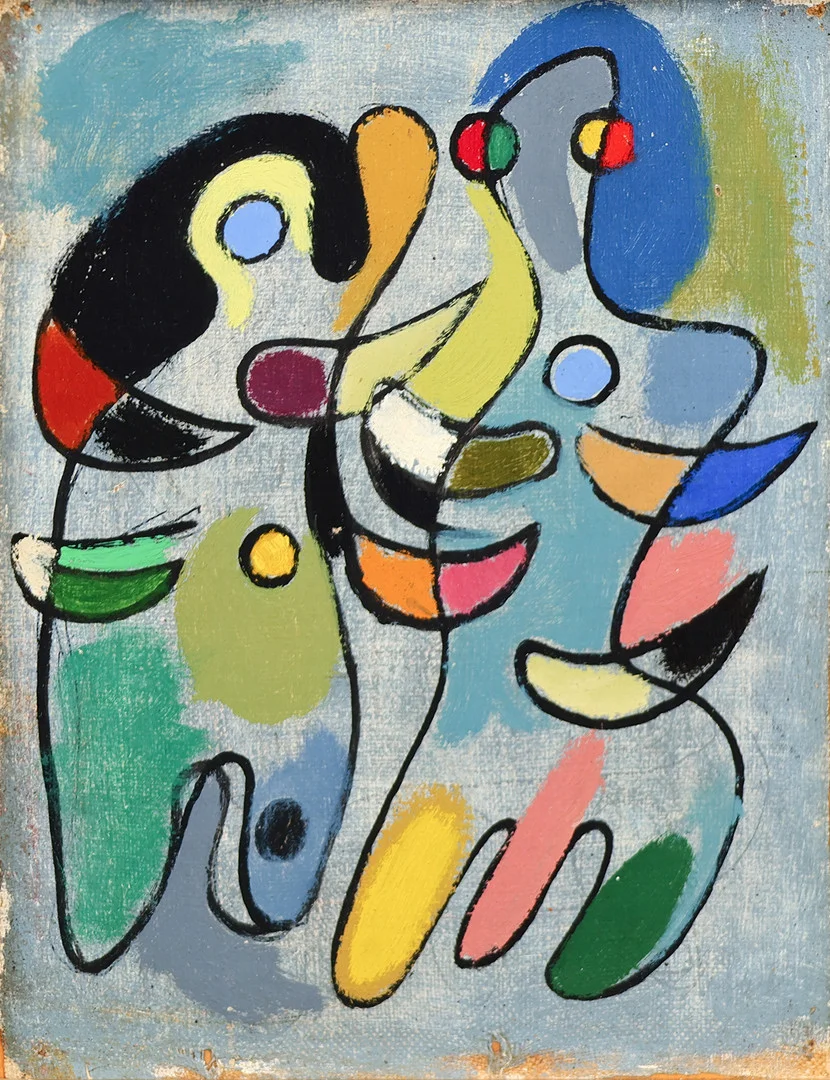 ASGER JORN (1914-73). Komposition 'Figurer', olie på lærred monteret på plade, signeret og dateret 1940. — Paintings — Palsgaard Kunstauktioner