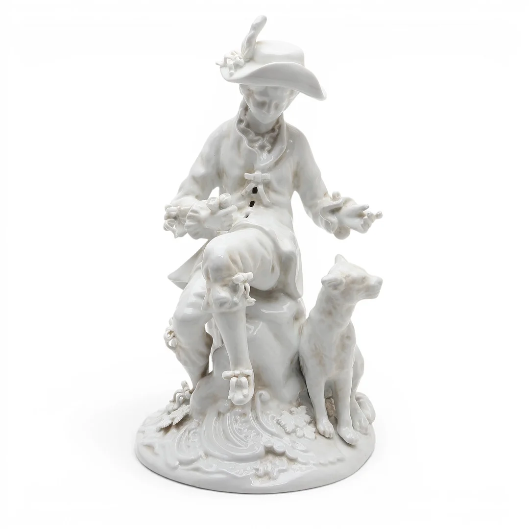 "18th Century-like man with a dog", Meissen glazed porcelain figure, 20th Century. — European — Balclis