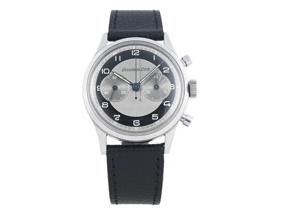 EXCELSIOR PARK, kronograf, Cal 4, Boett nr. 937981, herrur, 37 mm, stål, manuell, plexiglas, läderband, ca 1955. — Klockor/Excelsior Park — Kaplans