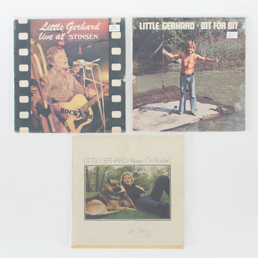 VINYLSKIVOR. Little Gerhard, 3 stycken, varav 2 signerade. — Audio, Vinyl & Hi-Fi — Laholms Auktionskammare