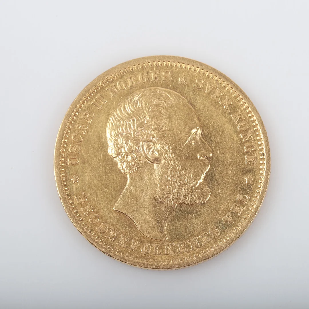 MYNT, 20 kroner, guld, Oscar II, 1886. — Coins & Banknotes — Helsingborgs Auktionskammare