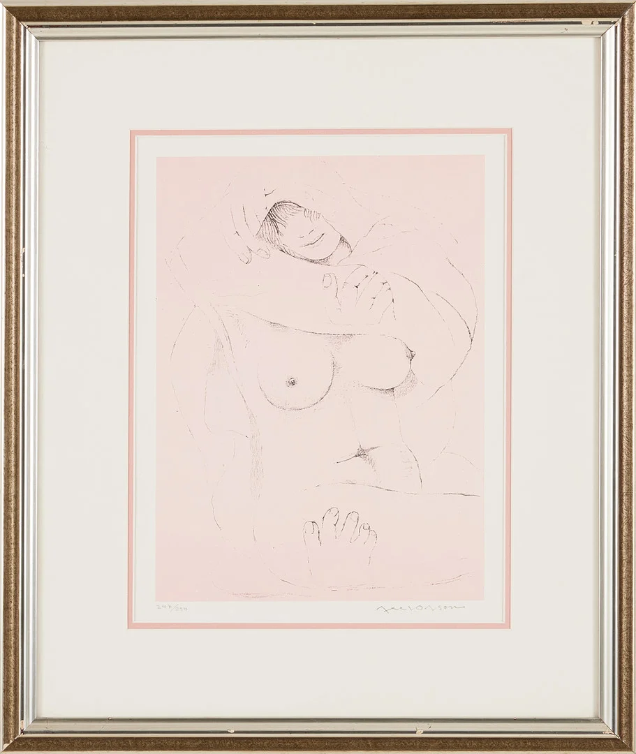 AXEL OLSSON. Litografi, komposition med kvinna, signerad och numrerad 247/250. — Engravings & Prints — Stockholms Auktionsverk Magasin 5
