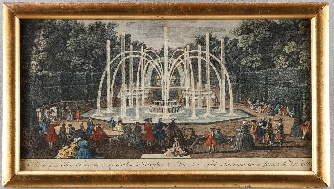 "A VIEW OF THREE FOUNTAINS IN THE GARDEN AT VERSAILLES" handkolorerat kopparstick, 1700/1800-tal. — Engravings & Prints — Karlstad Hammarö Auktionsverk