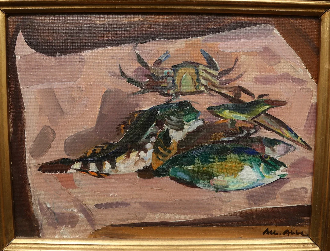 ALBERT ABBE. olja på pannå, stilleben med fiskar och skaldjur, signerad. — Paintings — Gomér & Andersson Linköping