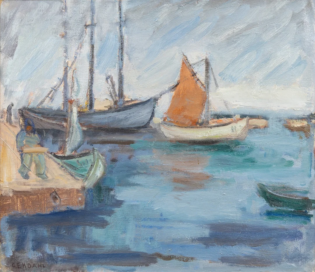GUNNAR EKDAHL (1907-1995). Fiskebåtar i hamn, olja på duk, signerad. — Paintings — Garpenhus Auktioner