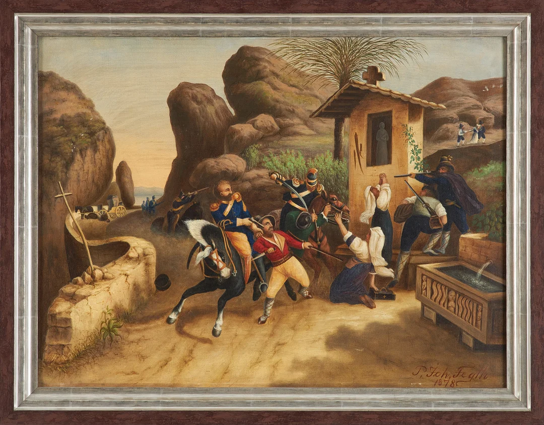 OIDENTIFIERAD KONSTNÄR. Bymotiv med soldater, olja på duk, signerad och daterad, 1878. — Paintings — Stockholms Auktionsverk Sickla
