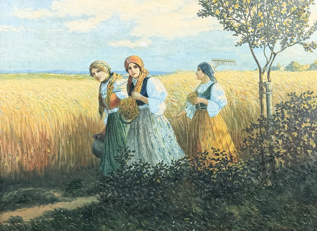 KAREL DOHNALEK. OLJA PÅ DUK, "Kvinnor på fält", signerad. — Paintings — Auktionshuset STO Bohuslän
