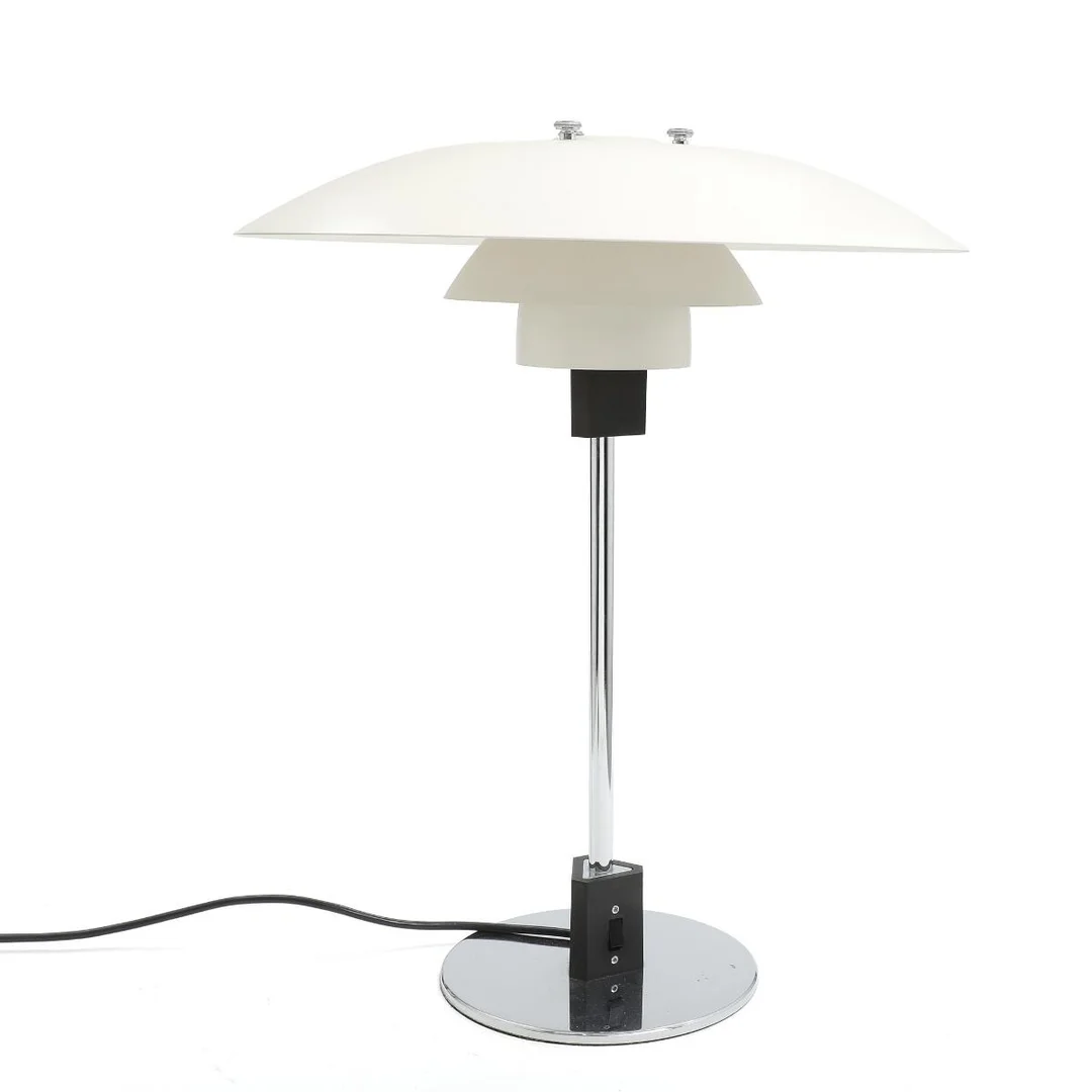 “PH-4/3”. A chromium-plated table lamp, white metal shades. Designed 1967. Manufactured and marked by Louis Poulsen. H. 54. Diam. 45 cm. — Modern Lighting — Bruun Rasmussen