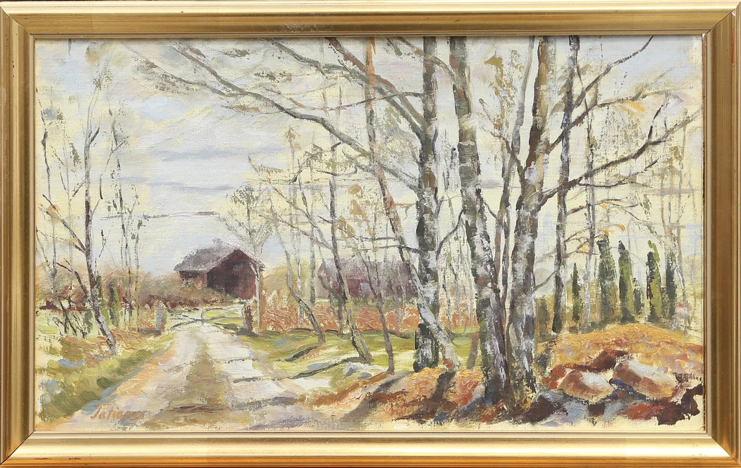 TATIANA KRAUS. OLJA, på pannå, En gård på Öland, signerad. — Paintings — Kalmar Auktionsverk