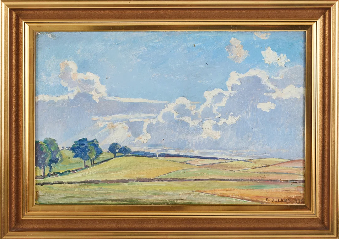 EDVIN OLLERS. Sommarlandskap, oljemålning på pannå, signerad och daterad E. Ollers 1955. — Paintings — Stockholms Auktionsverk Magasin 5