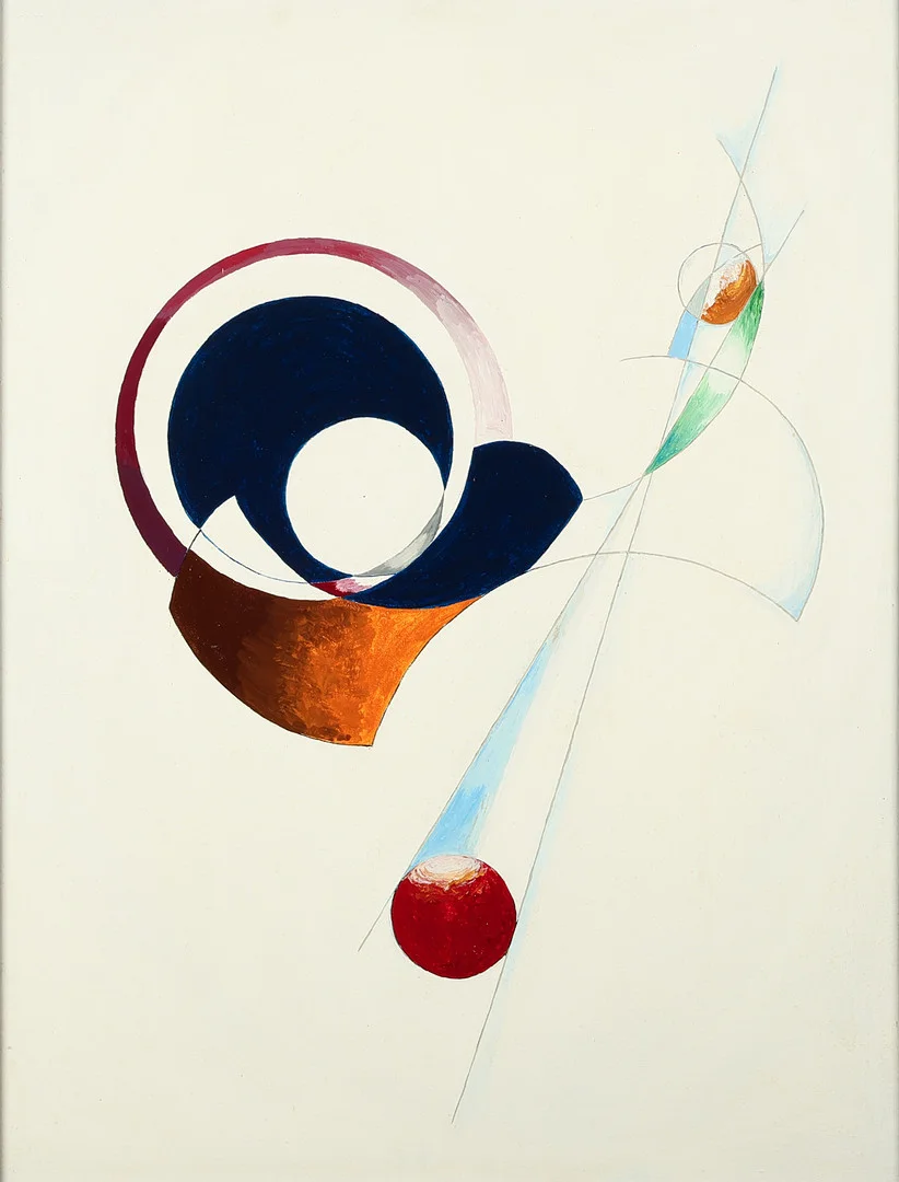 UBEKENDT KUNSTNER. Konstruktivistisk komposition, olie på plade, usigneret. — Paintings — Palsgaard Kunstauktioner