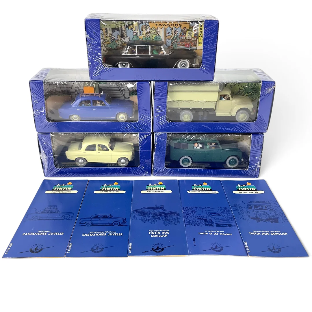 SAMLARBILAR, 5 stycken, "Tintin", Hergé-Moulinsart, 2000-tal, obrutna förpackningar, med äkthetsintyg. — Model cars — Roslagens Auktionsverk