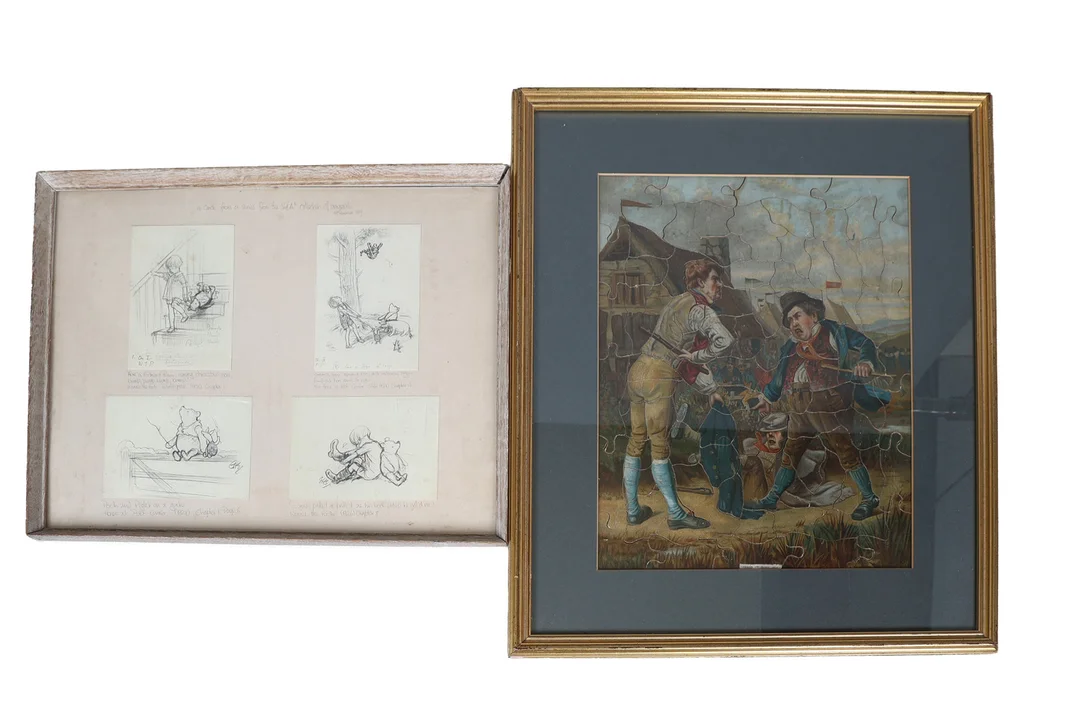 A LATE 19TH CENTURY FRAMED JIGSAW PUZZLE AND FOUR WINNIE THE POOH PRINTS FRAMED AS ONE (2). — Engravings & Prints — Bishop & Miller