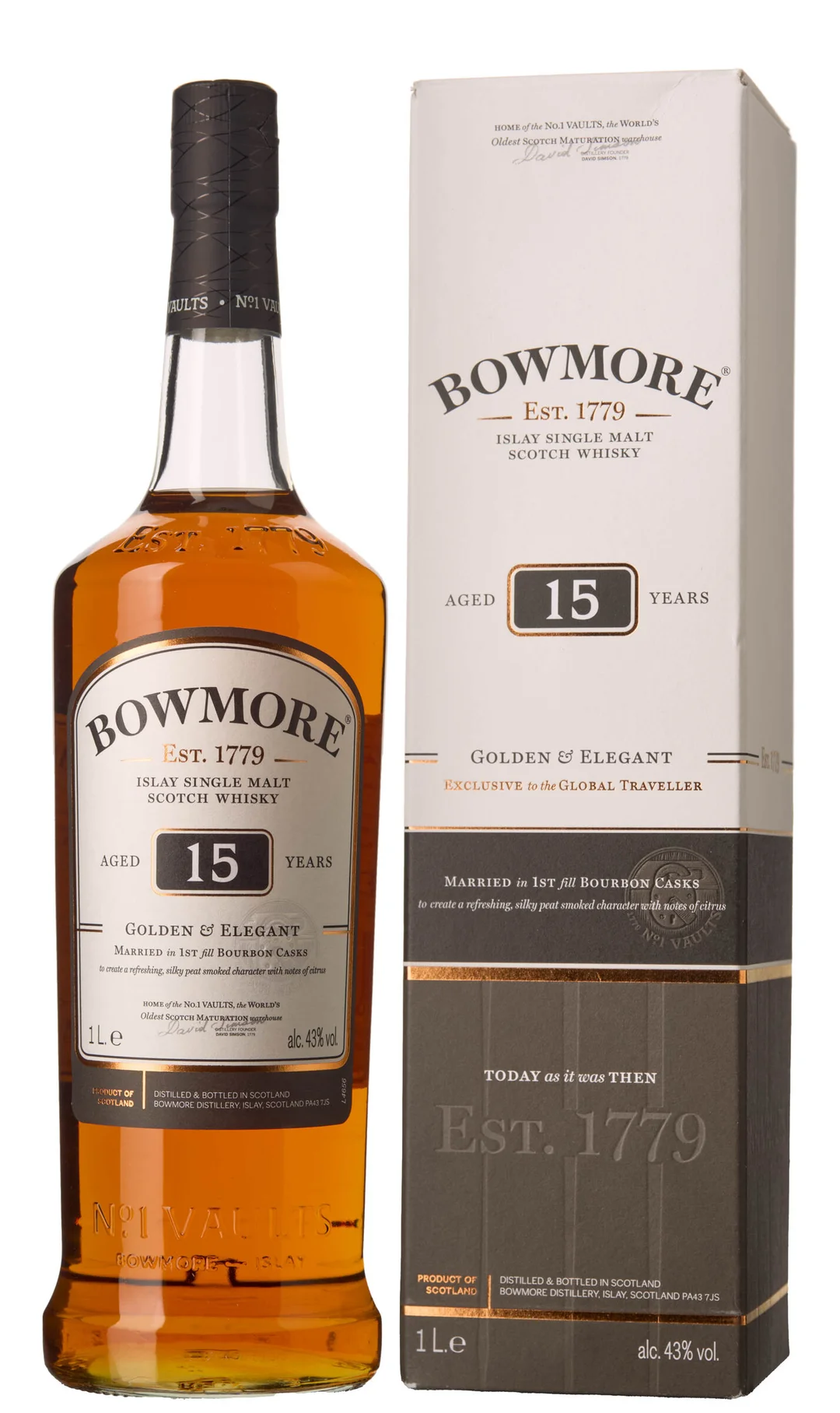 1 x 1 l Bowmore Islay Single Malt Scotch Whisky Aged 15 Years (OCB) — 1 x 1 l Bowmore Islay Single Malt Scotch Whisky Aged 15 Years (OCB) — Vin/Brennevin — Blomqvist