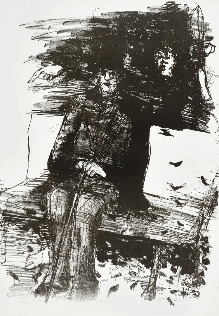 STAFFAN HALLSTRÖM (1914-1976). "Mannen på bänken", 1976, intygad a tergo, numrerad 71/72, litografi. — Engravings & Prints — Crafoord Auktioner Stockholm
