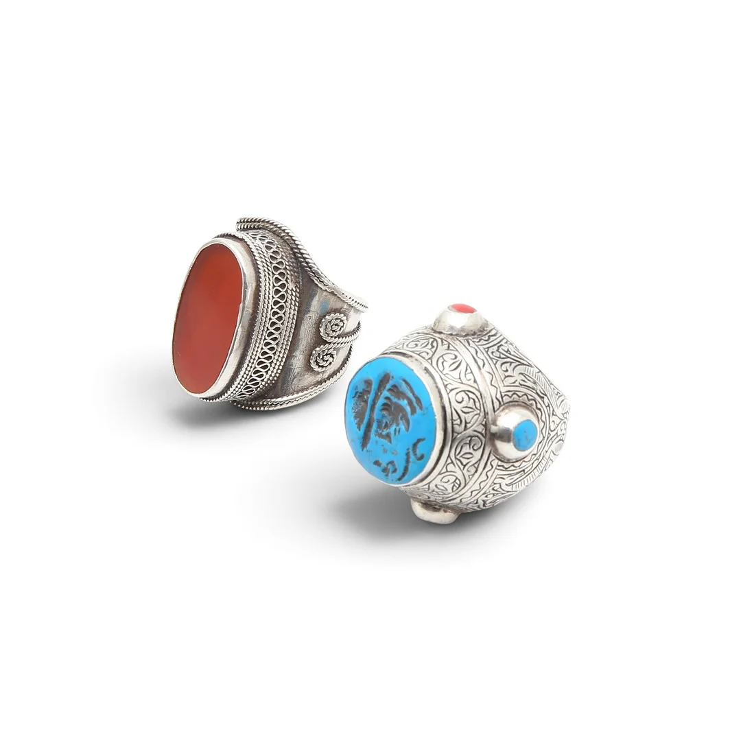Two large Turkish rings in silver, imitation turquoise and carnelian. — Rings — Balclis